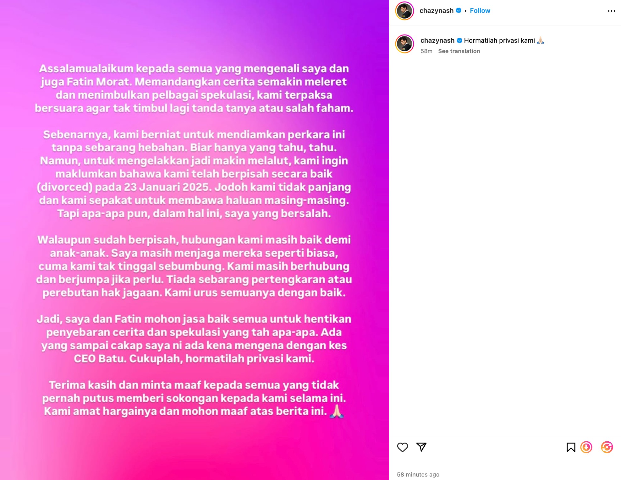 Chazynash akui sudah bercerai